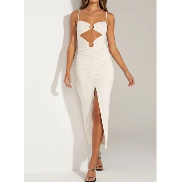 CAMILA COELHO Yasmeen Cut-Out Ring Detail Soft Jersey Midi Dress, Beige, Small - Picture 3 of 12